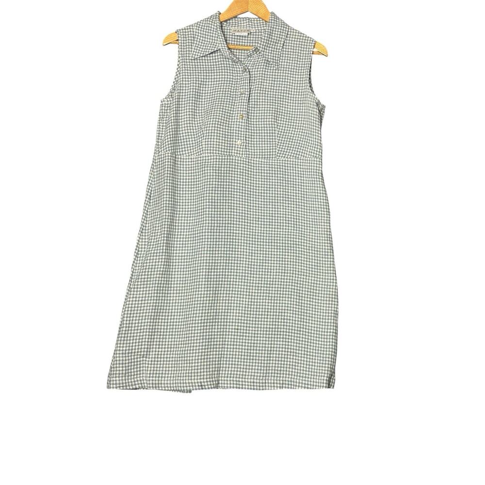 MATCH 100% Linen Gingham Dress Womens 8 Blue White Sleeveless Shift Made USA